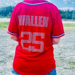 Morgan Wallen Rhinestone Short Sleeve Button Up Baseball Jersey Red Medium